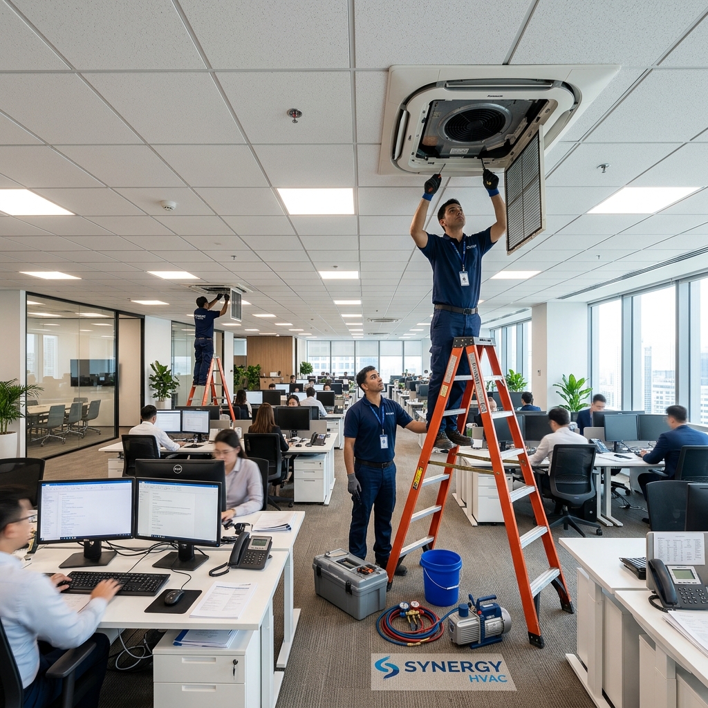 Licensed technician servicing an air conditioning unit